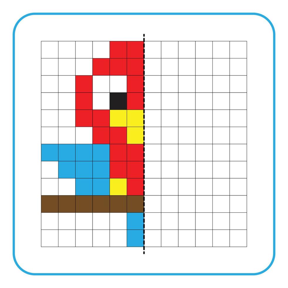 Picture reflection educational game for kids. Learn to complete symmetrical worksheets for preschool activities. Tasks for coloring grid pages, picture mosaics, or pixel art. Finish the parrot bird. vector