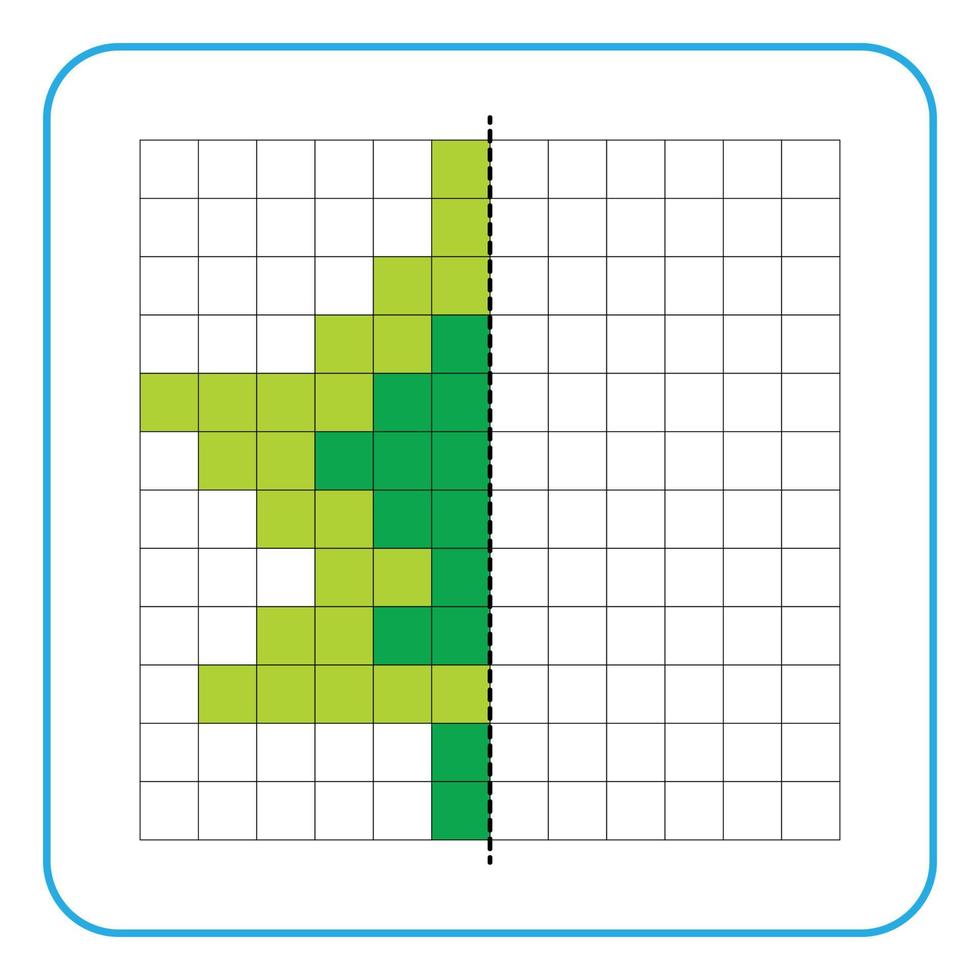 Picture reflection educational game for children. Learn to complete symmetrical worksheets for preschool activities. Coloring grid pages, visual perception and pixel art. Finish the green leaf image. vector