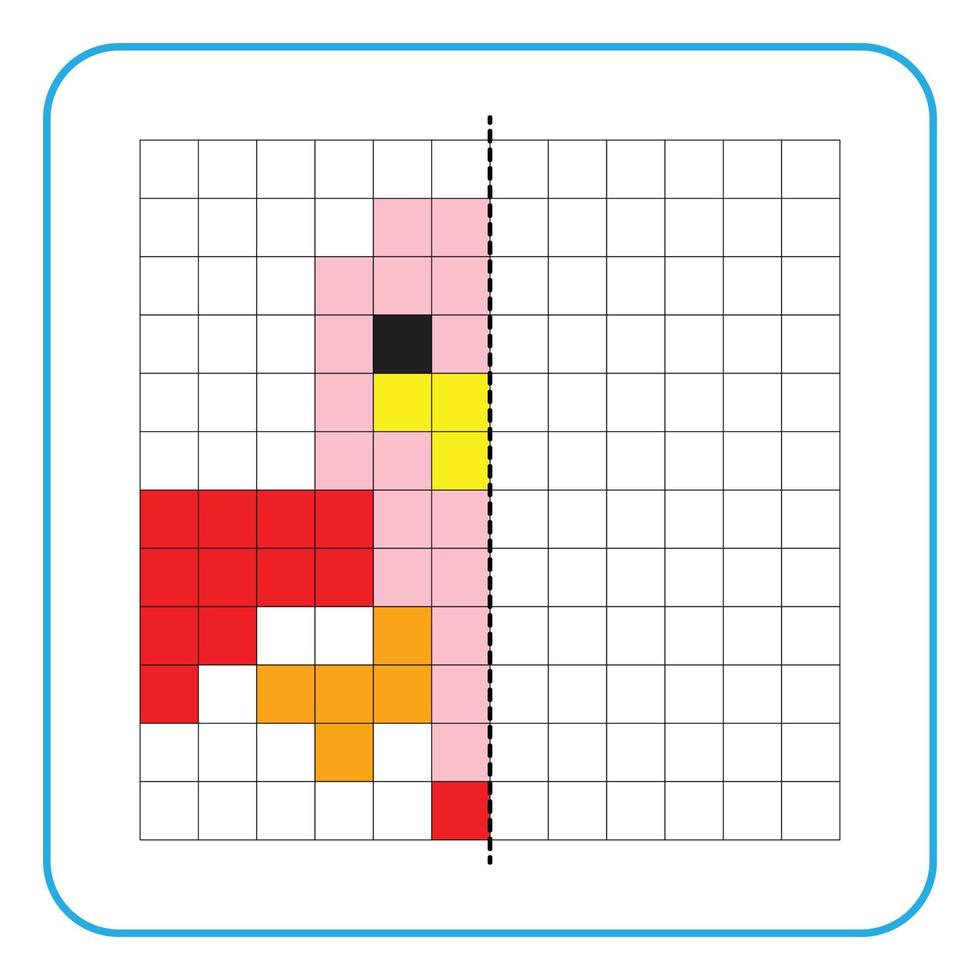 Picture reflection educational game for children. Learn to complete symmetrical worksheets for preschool activities. Coloring grid pages, visual perception and pixel art. Finish the flying bird. vector