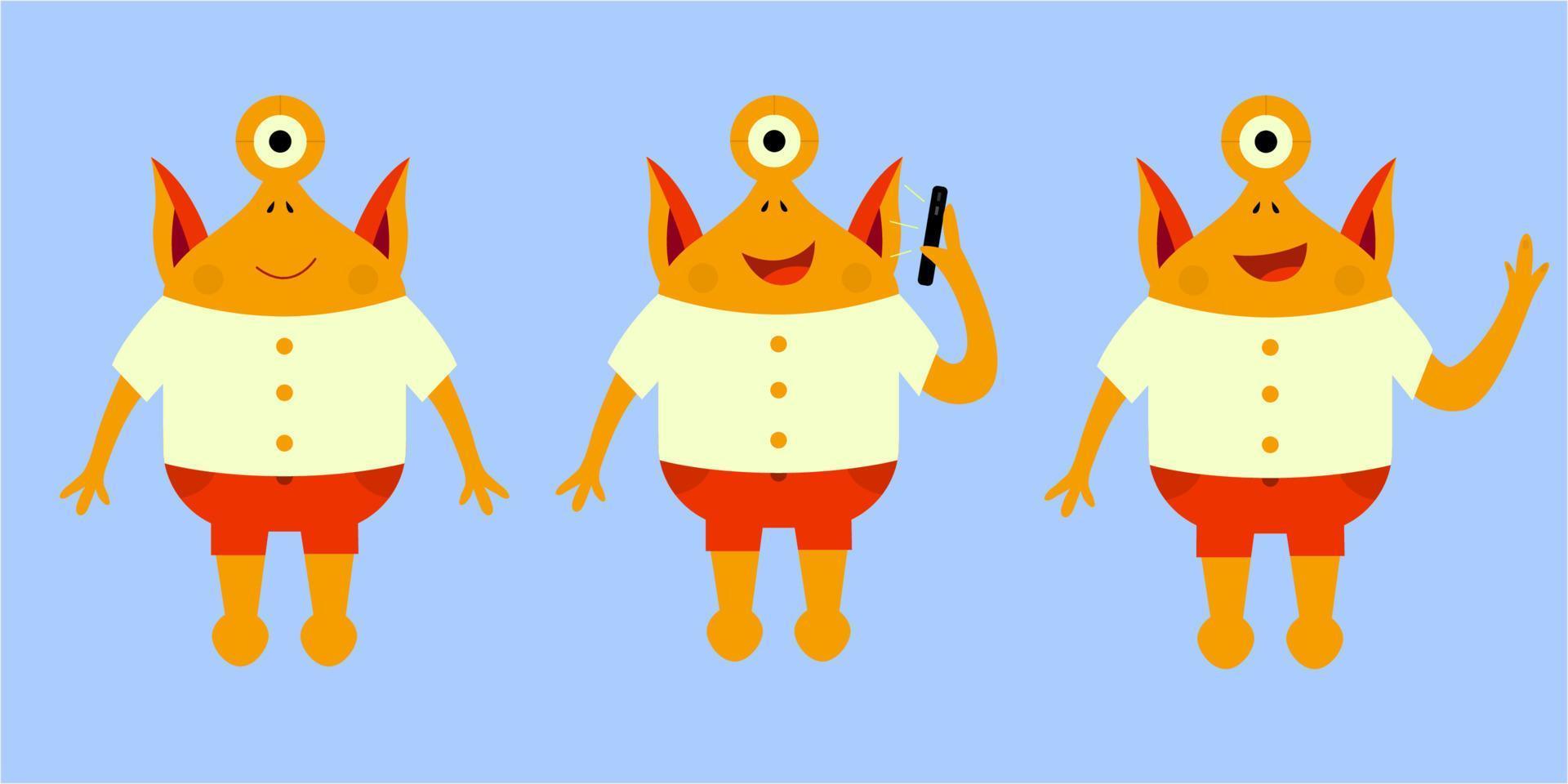 Cute monster in different poses. Yellow baby creature. Children's character illustration in a flat cartoon style vector