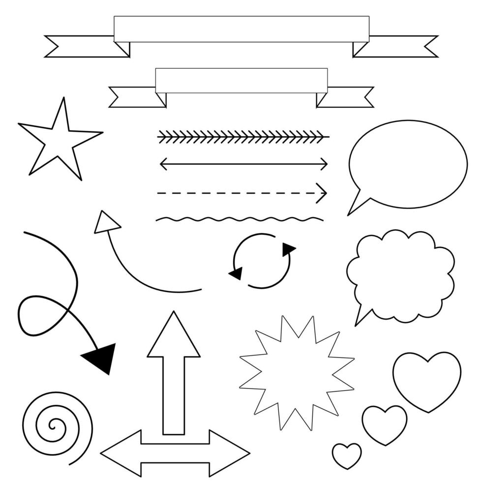 A set of handwritten doodles. Vector templates for doodles, notes in a notebook. Arrows, bubbles, lines. Vector line illustration.