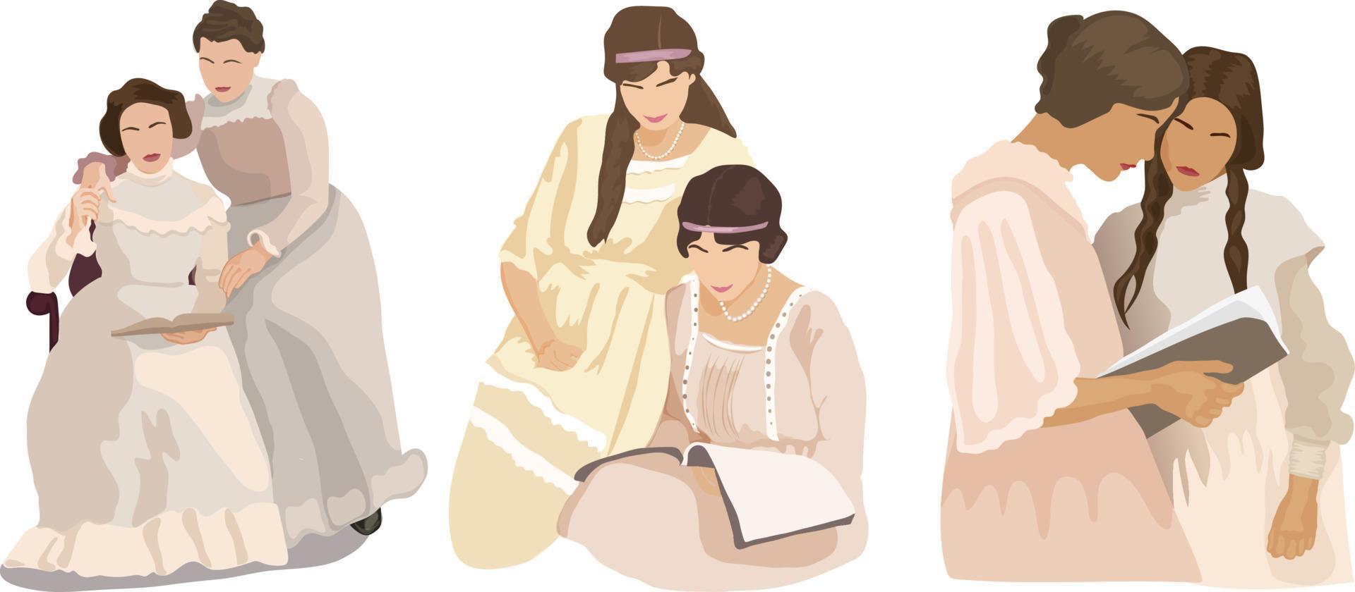 señoras lectoras. ilustraciones de mujeres, leyendo y estudiando. un conjunto de caracteres, aislado sobre fondo blanco. moda de época vector