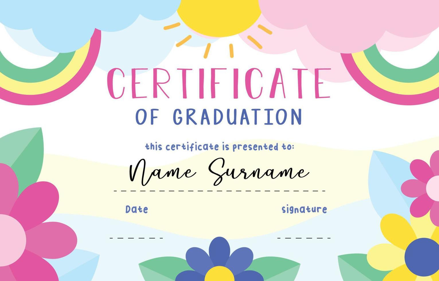 Kindergarten Certificate of Graduation with Rainbow and Sunshine vector