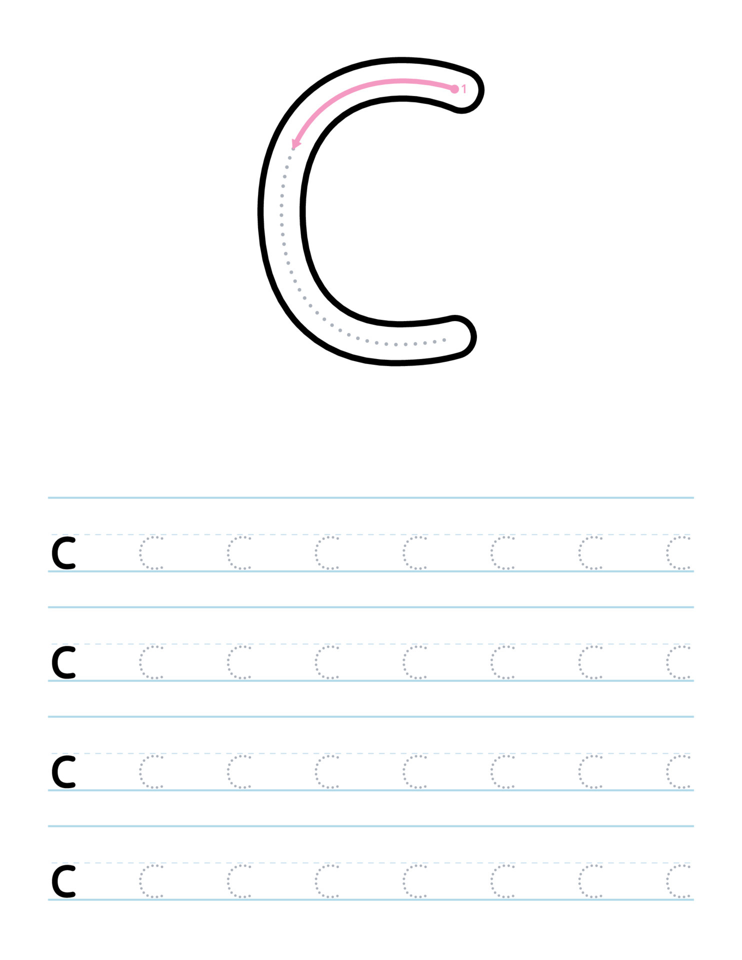 Trace lowercase letter c worksheet for preschool 6122556 Vector Art at
