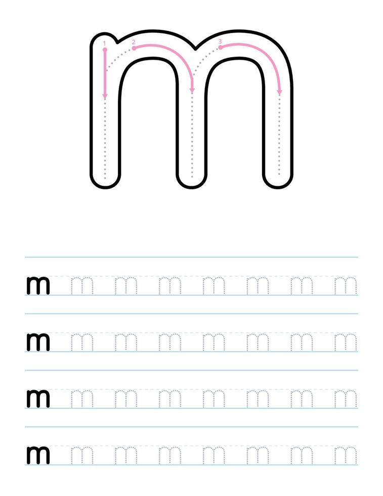 Trace lowercase letter m worksheet for preschool vector
