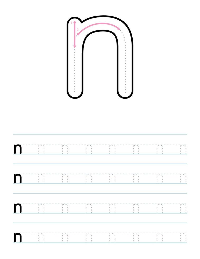 Trace lowercase letter n worksheet for kids vector