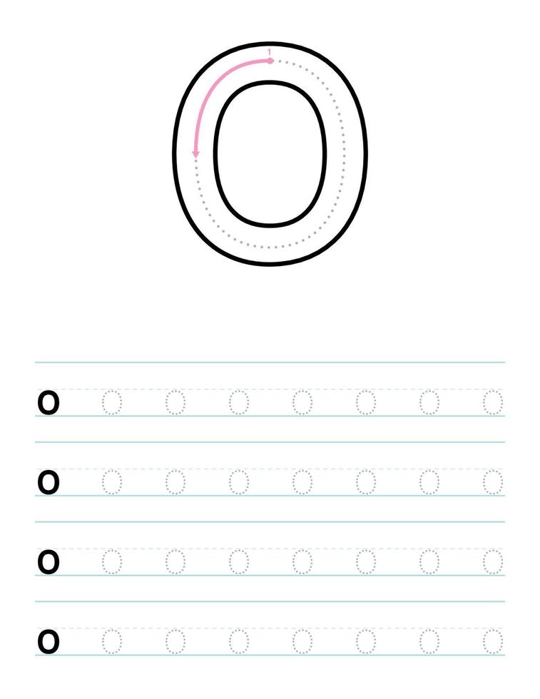 Trace lowercase letter o worksheet for kids vector