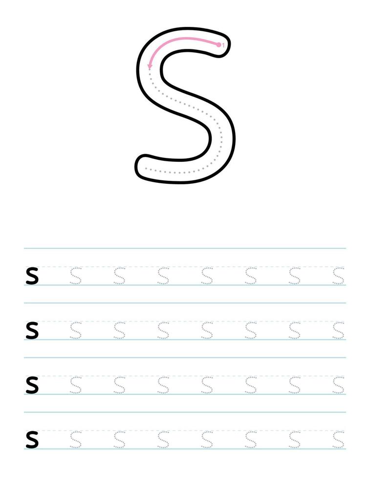 Trace lowercase letter s worksheet for kids vector