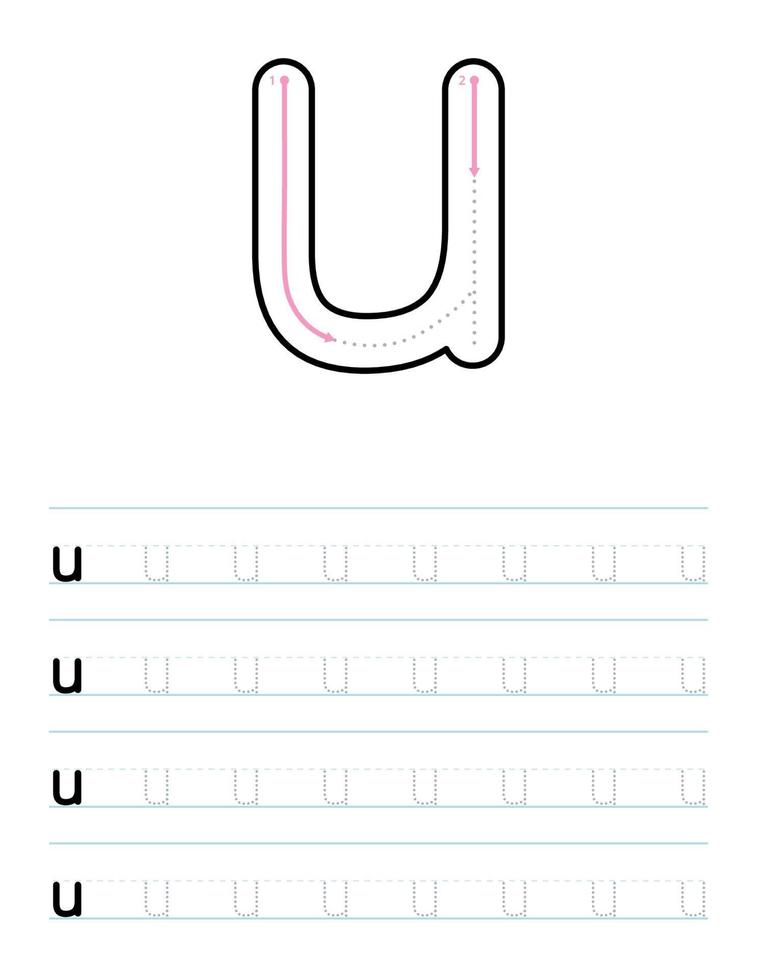 Trace lowercase letter u worksheet for kids vector