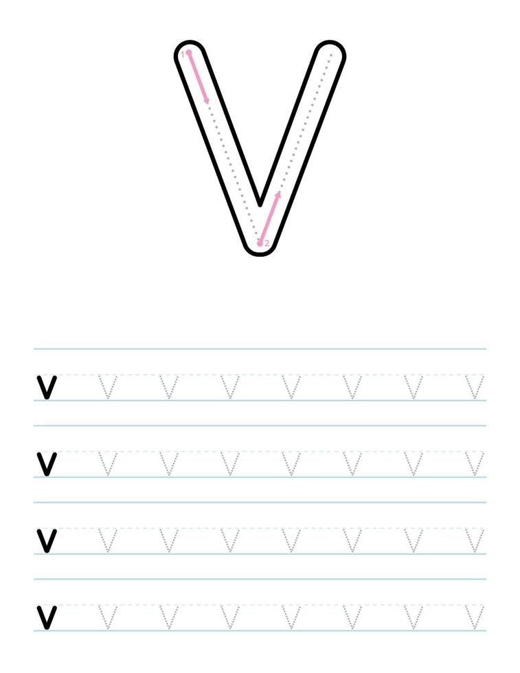 Trace lowercase letter v worksheet for kids vector