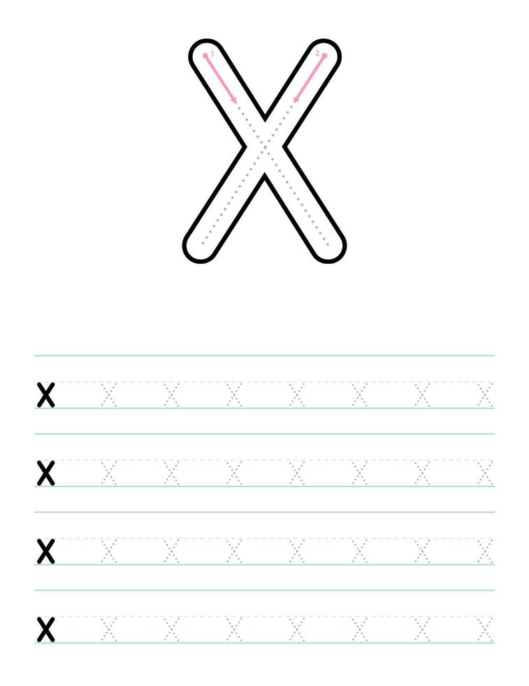 Trace lowercase letter x worksheet for kids vector