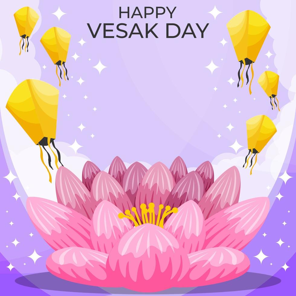 feliz día de vesak de color plano con flor de loto y linterna vector