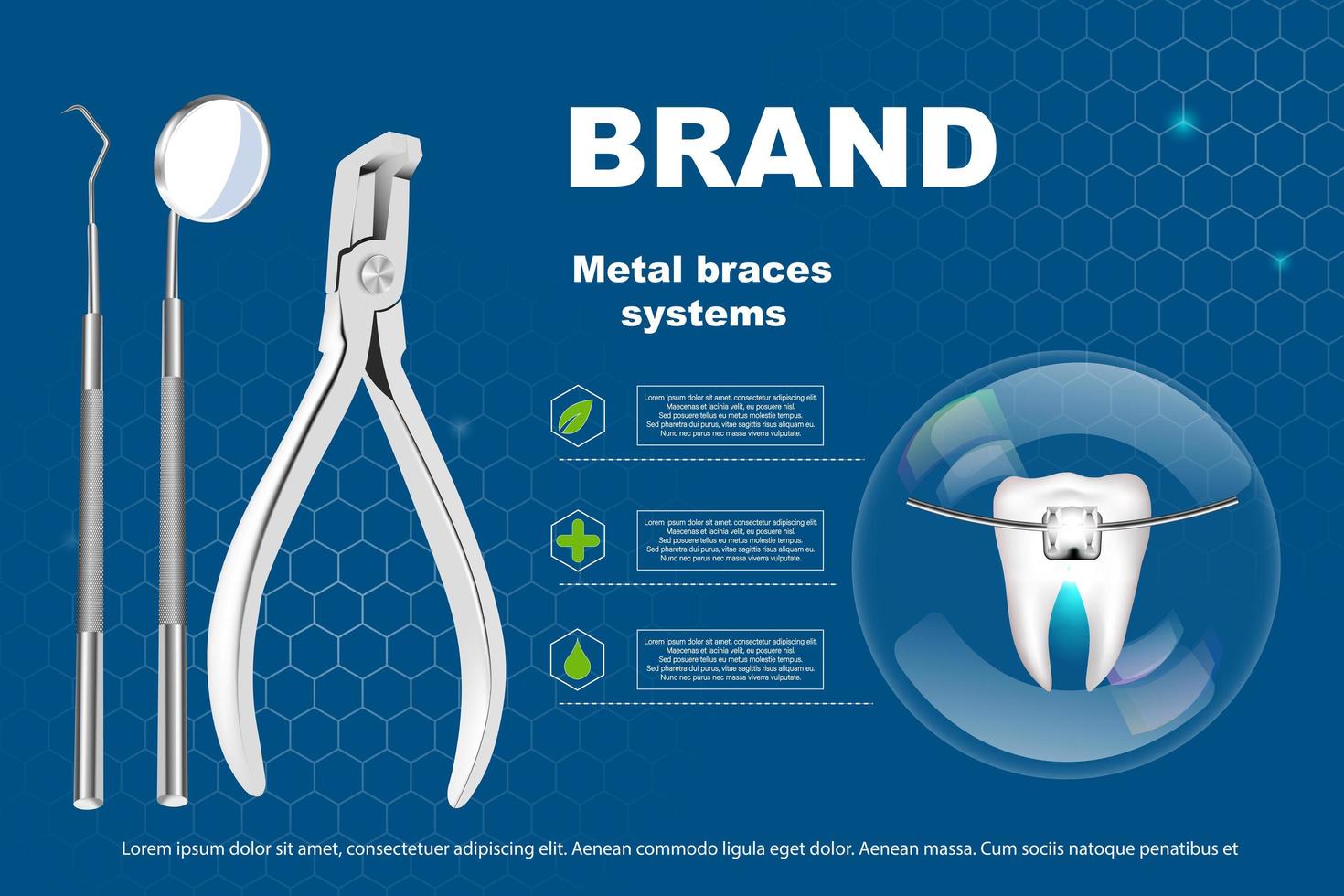 Ilustración de vector 3d, dientes realistas con aparatos ortopédicos. alineación de la mordida de los dientes, dentición con frenos, frenos dentales.