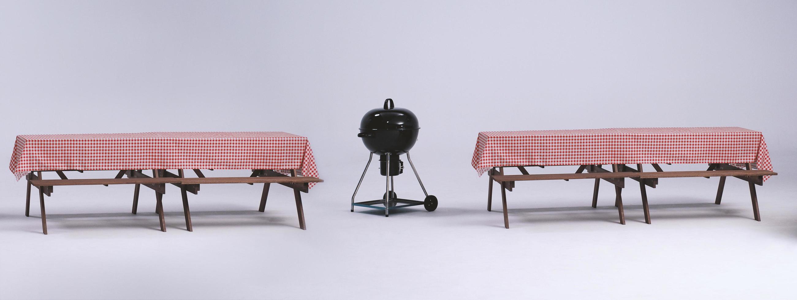 Picnic table and red checkered tablecloth with food and drink for outdoor party. Isolated photo