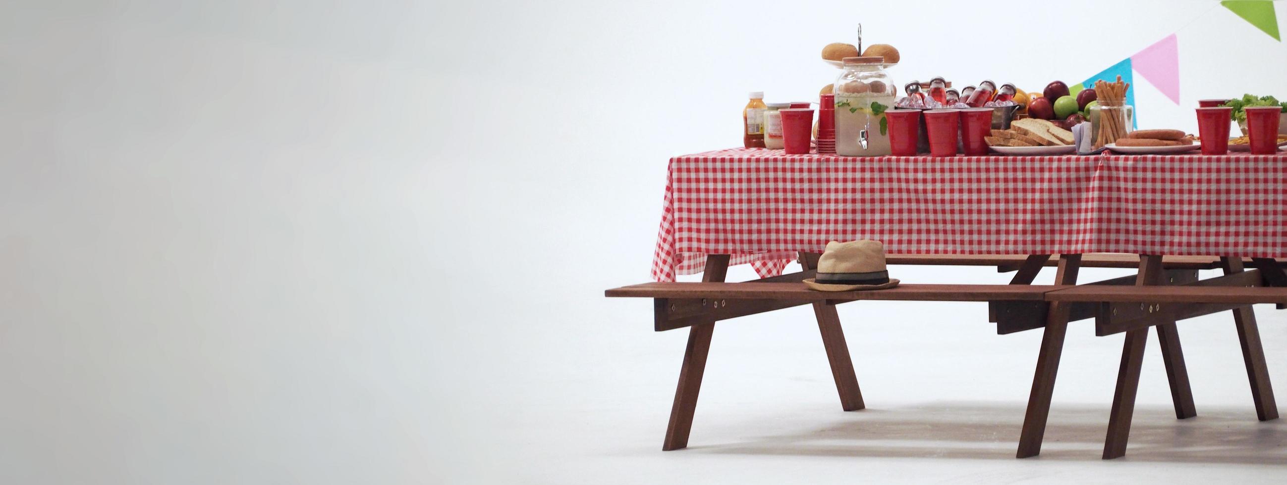 Picnic table and red checkered tablecloth with food and drink for outdoor party. Isolated photo