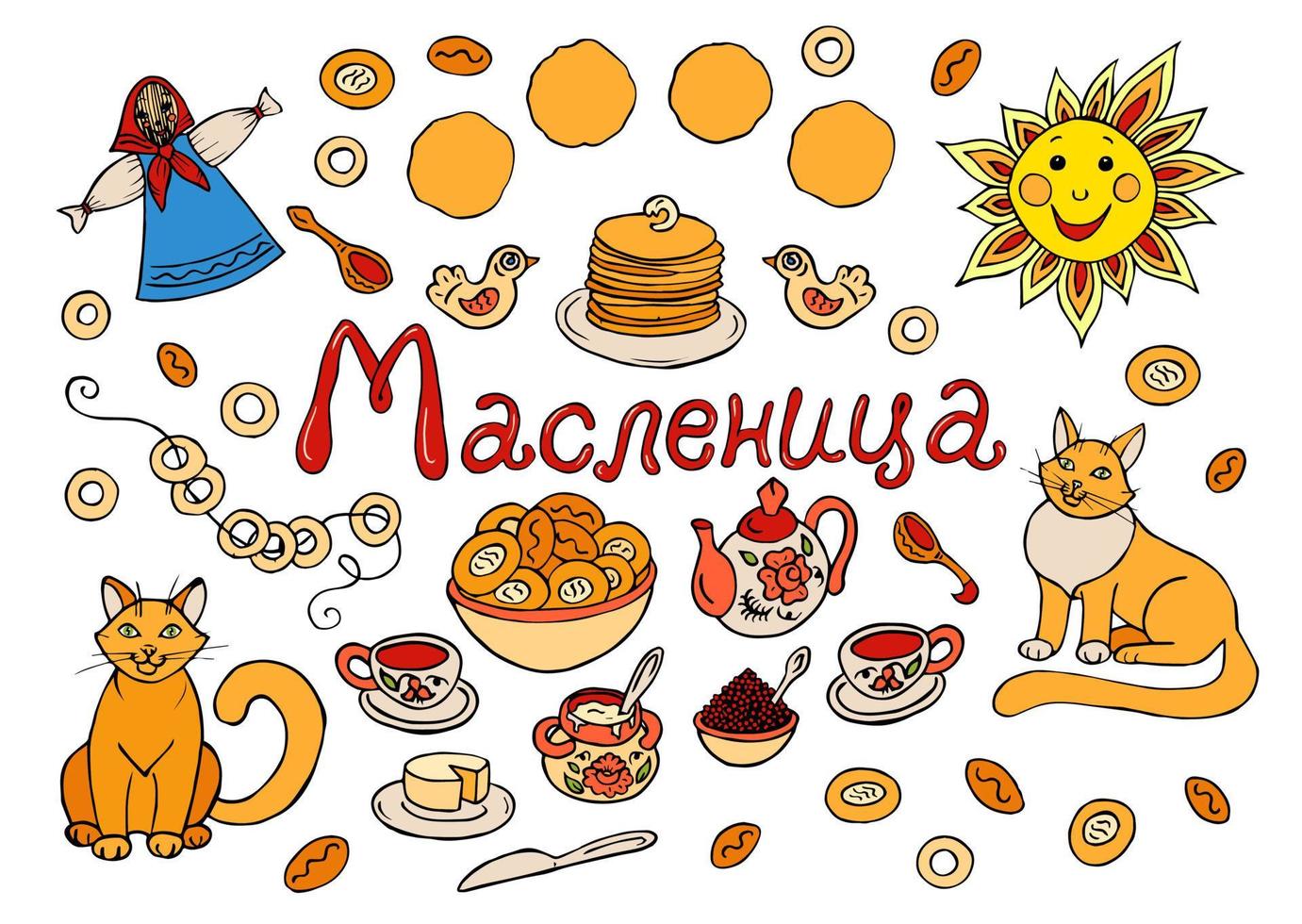 Maslenitsa Day. Shrovetide. Vector doodle sketch style on white background