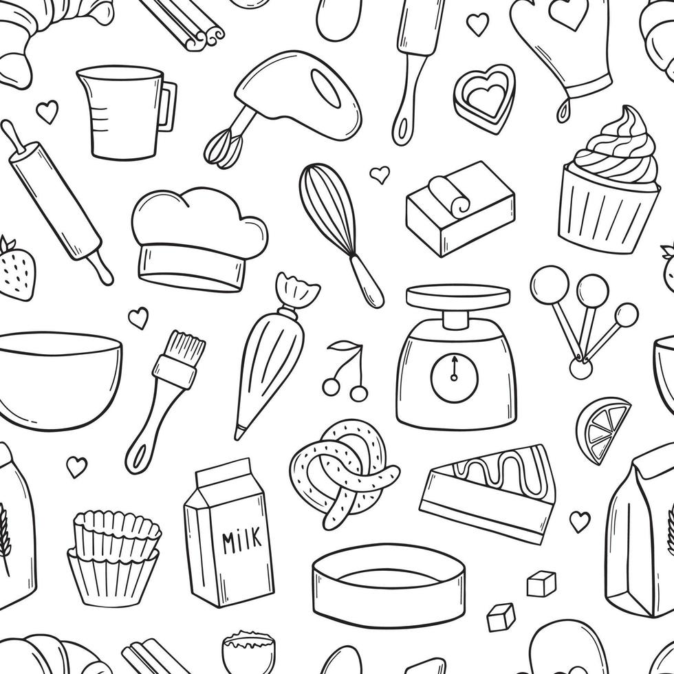 Seamless pattern of baking doodle. Cooking elements. Mixer, butter, flour, spoon, whisk in sketch style.  Hand drawn vector illustration isolated on white background.