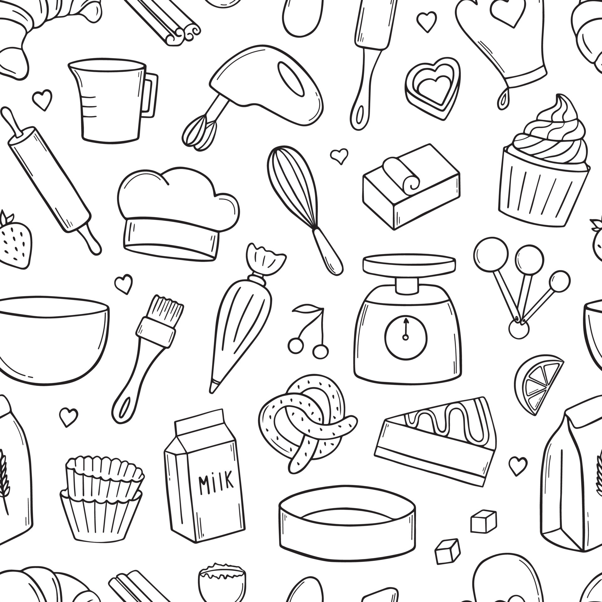 Seamless pattern of baking doodle. Cooking elements. Mixer, butter