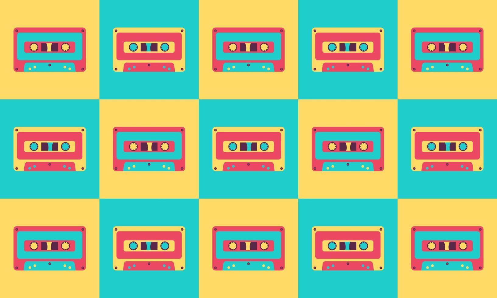 Illustration Vector Graphic of 90s Nostalgia Retro Cassette Pattern Background. Suitable for multipurpose graphic asset.