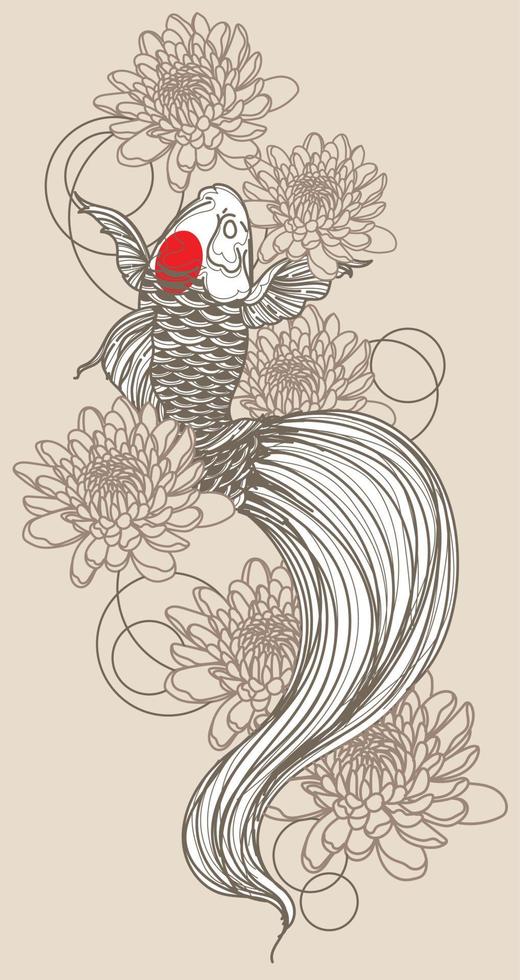 tatuaje arte japón diseño de pescado dibujo a mano y boceto vector