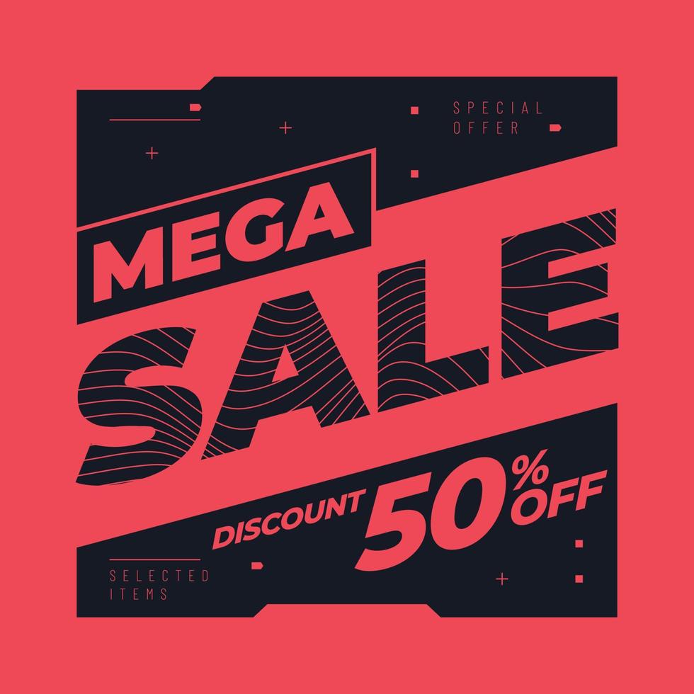 Mega sale banner design, special offer vector graphic with urban retro futuristic style and brutalism