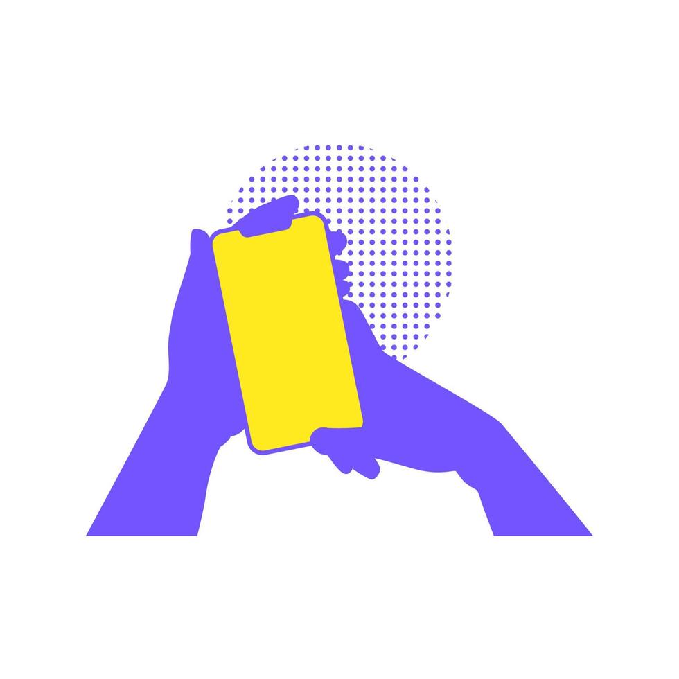 mano que sostiene la ilustración de vector de diseño plano de teléfono inteligente con color púrpura y amarillo sobre fondo blanco