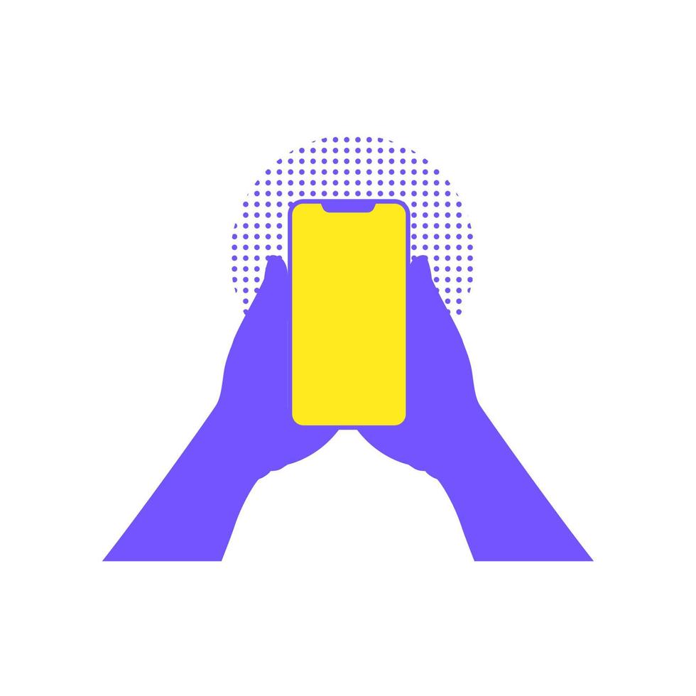 mano que sostiene la ilustración de vector de diseño plano de teléfono inteligente con color púrpura y amarillo sobre fondo blanco