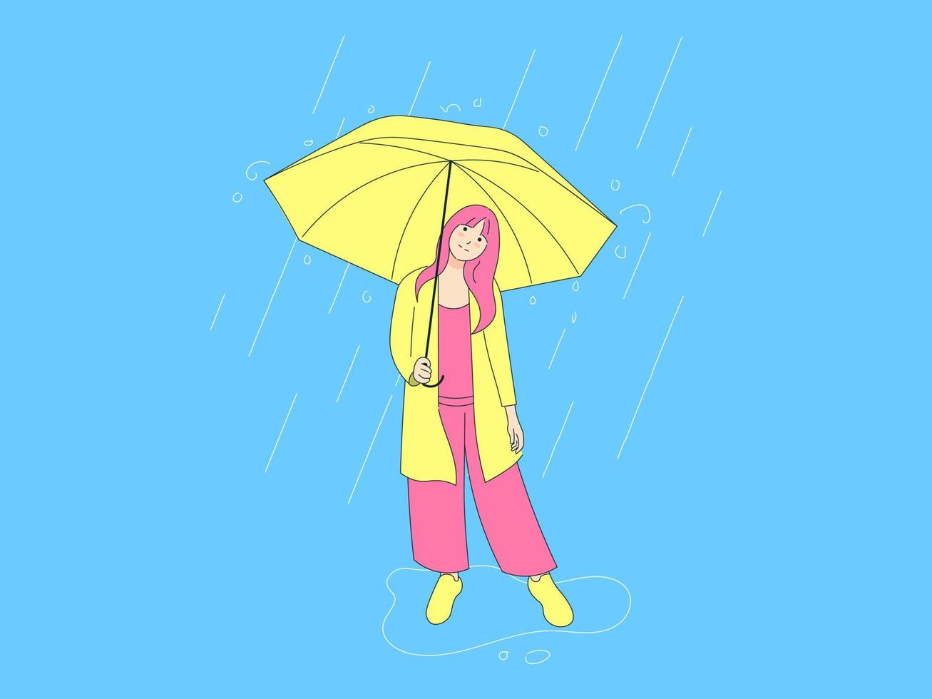 mujer joven con un paraguas bajo la lluvia. ilustración plana vector