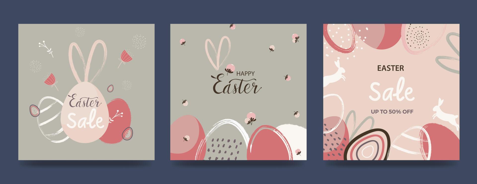 Happy Easter banner. Trendy Easter design with typography, hand drawn strokes and eggs, bunny ears, flowers in pastel colors. Modern minimalist style. Vector illustration
