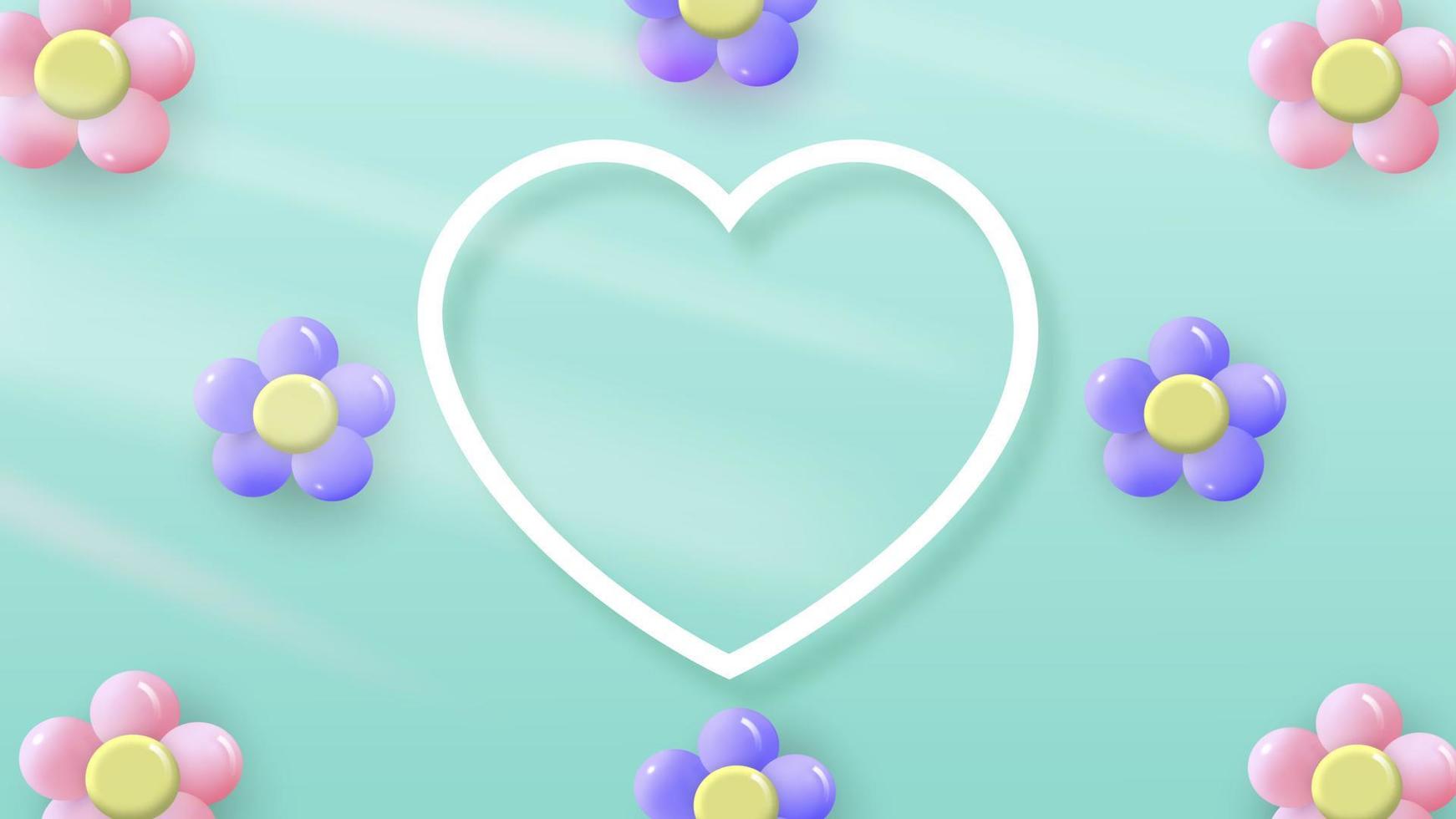Delicate Spring Flowers Light Background. Heart Shape. Minimalistic Composition Template for poster, holiday cards. Vector