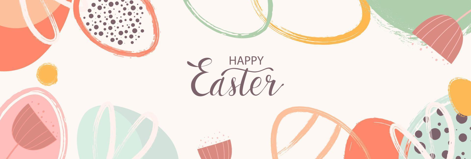 Happy Easter banner. Trendy Easter design with typography, hand drawn strokes and eggs, bunny ears, in pastel colors. Modern minimalist style. Vector illustration