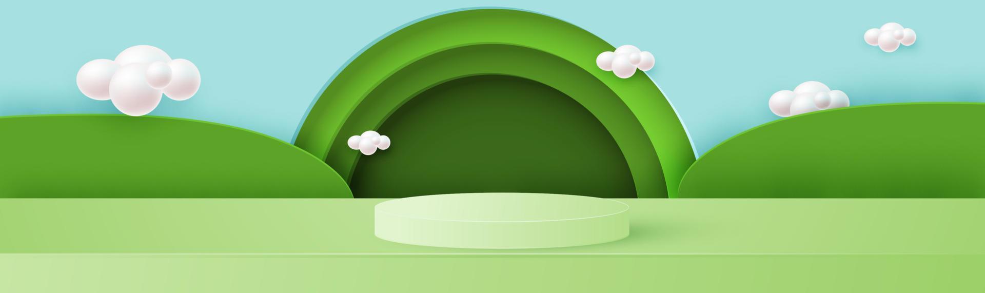 Minimal scene with a green cylindrical podium and a round frame in green tones against a cloudy sky. Stage for product demonstration, showcase. Spring composition. Vector illustration