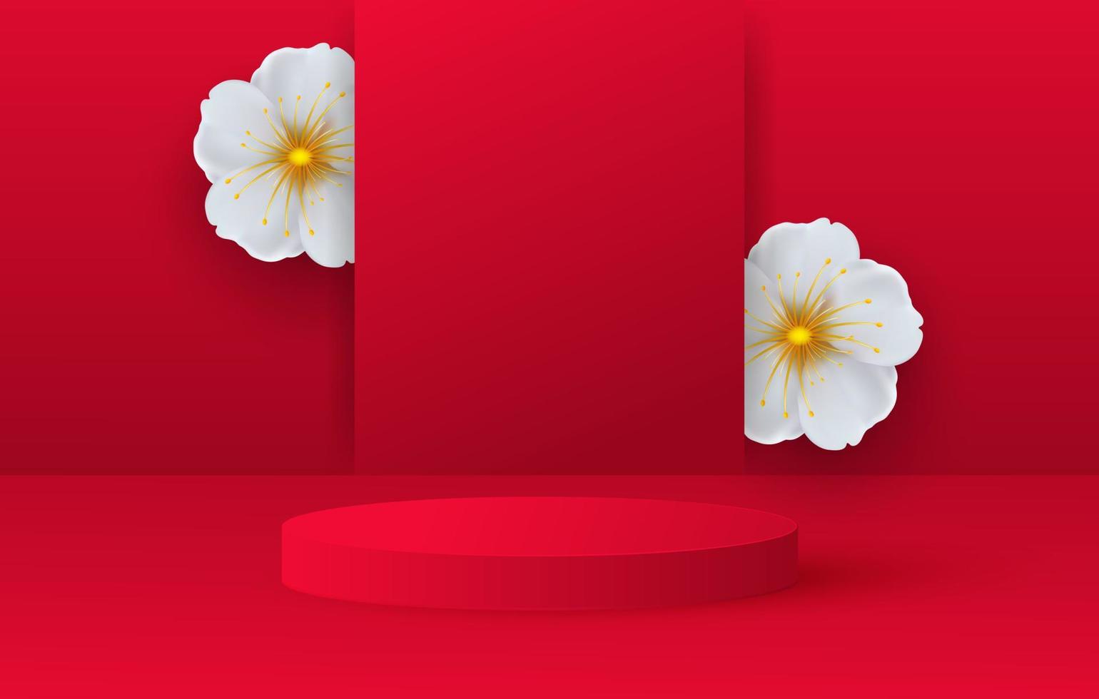 Minimalistic scene with red cylindrical podium and spring flowers. Scene for the demonstration of a cosmetic product, showcase. Vector illustration