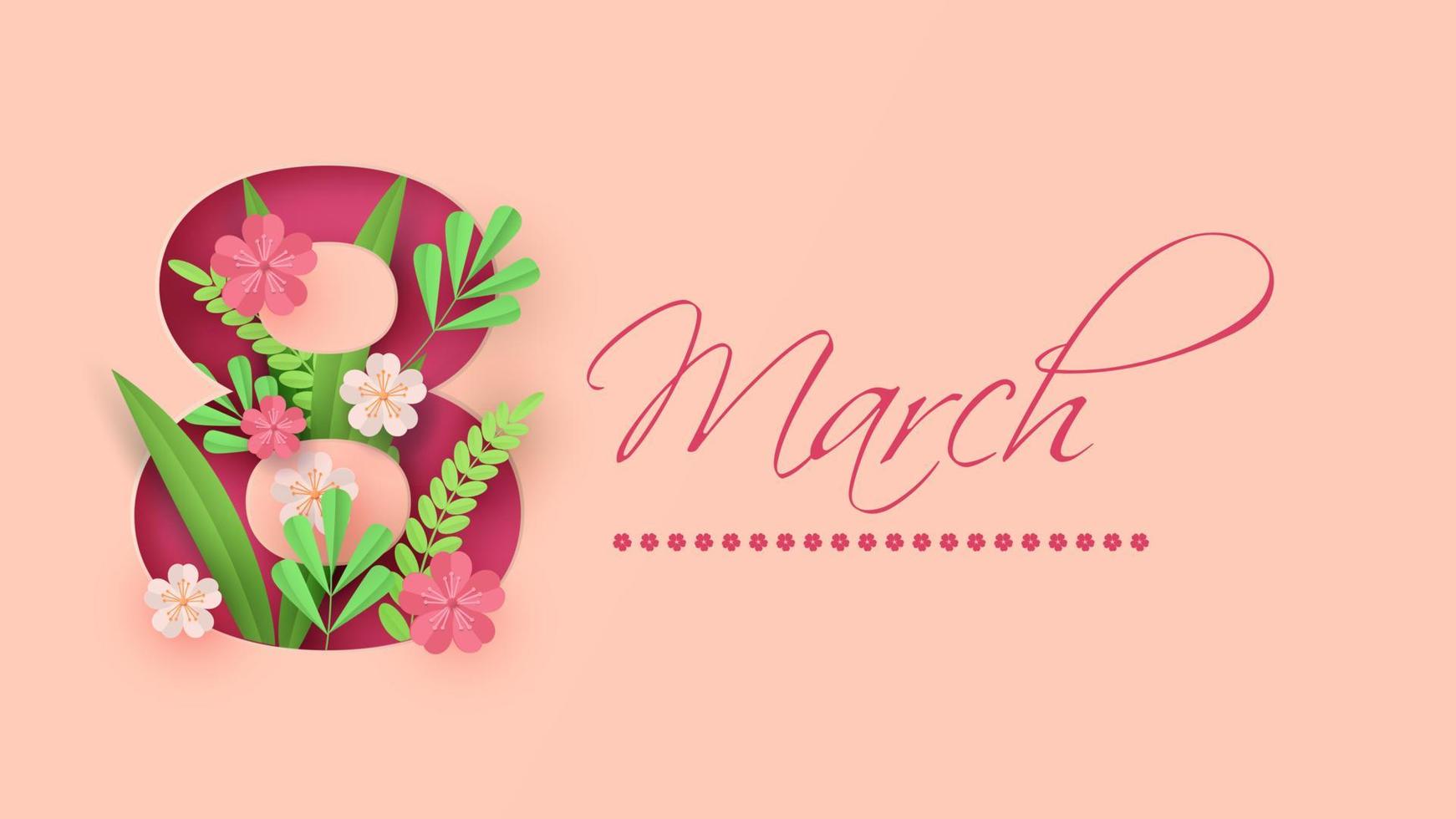 March 8. International Women Day. Vector spring holiday illustration. Paper cutout number eight with colorful flower garland. Origami style banner. Floral decoration