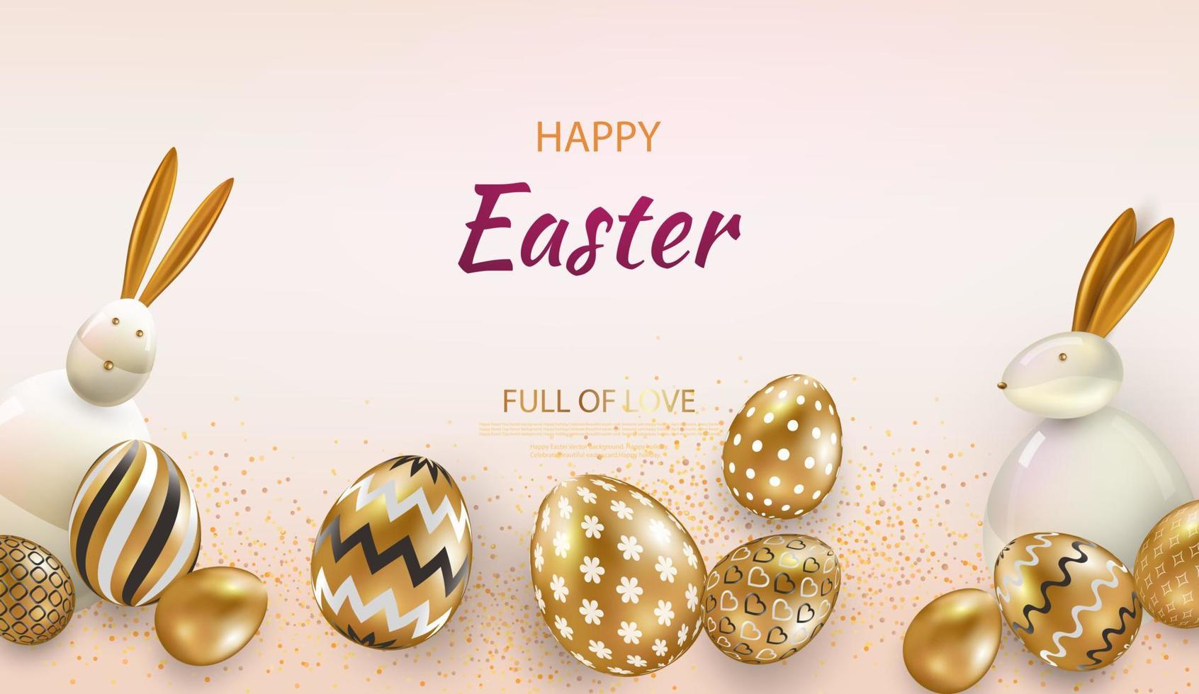 Happy easter. Festive background design with realistic colorful eggs, easter bunny. Gold glitter confetti. Festive web banner.Vector vector