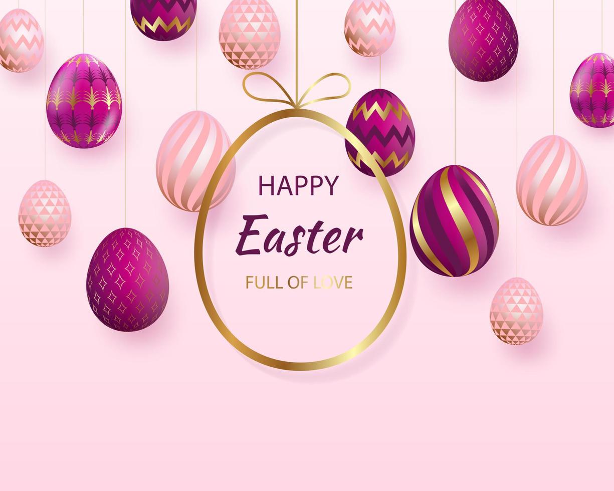Happy Easter lettering with pink gold realistic looking eggs. Vector. Geometric patterns. Resurrection Sunday greeting card, postcard, invitation, poster, vector