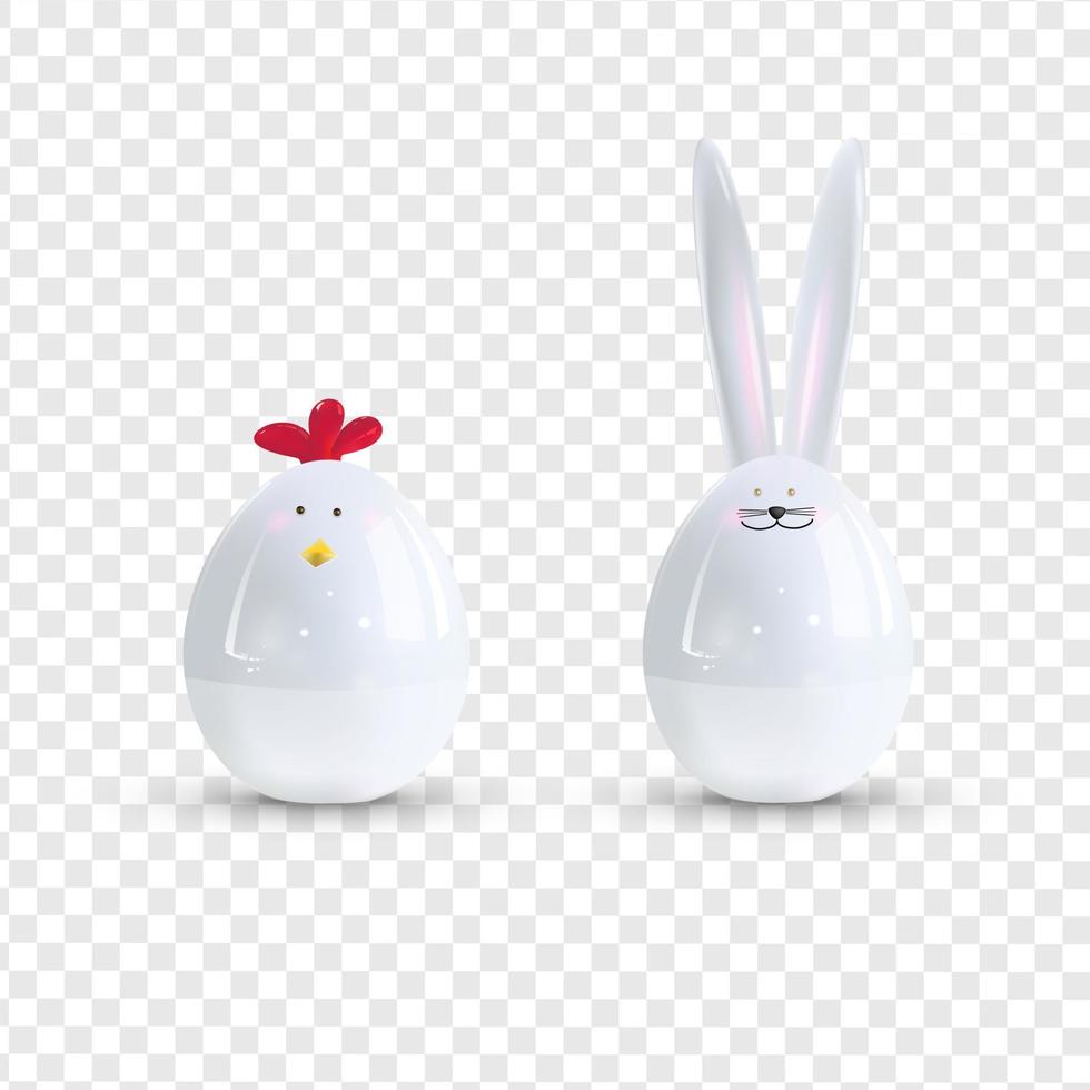 Vector white ceramic Easter bunny and chicken. Decorative realistic object for Easter Day.