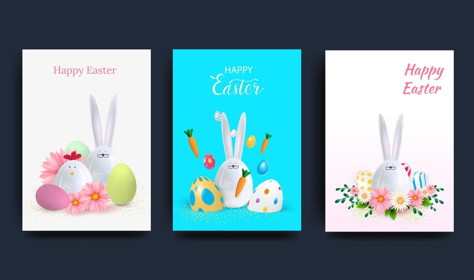 Easter Set of greeting cards, holiday covers, posters, flyers in 3d realistic style with golden egg and ceramic rabbit. Modern minimalist design for social media, sales, advertising, networking. vector