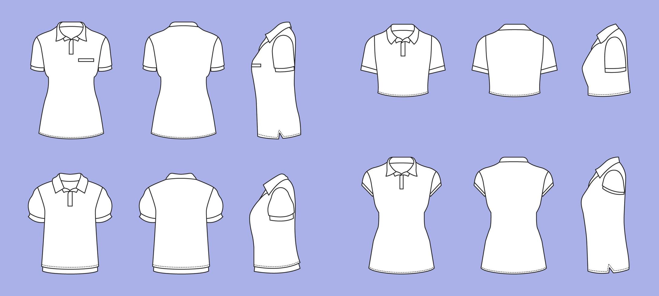 Set of Polo Tshirt Mock Up Flat Outline with alternative view vector