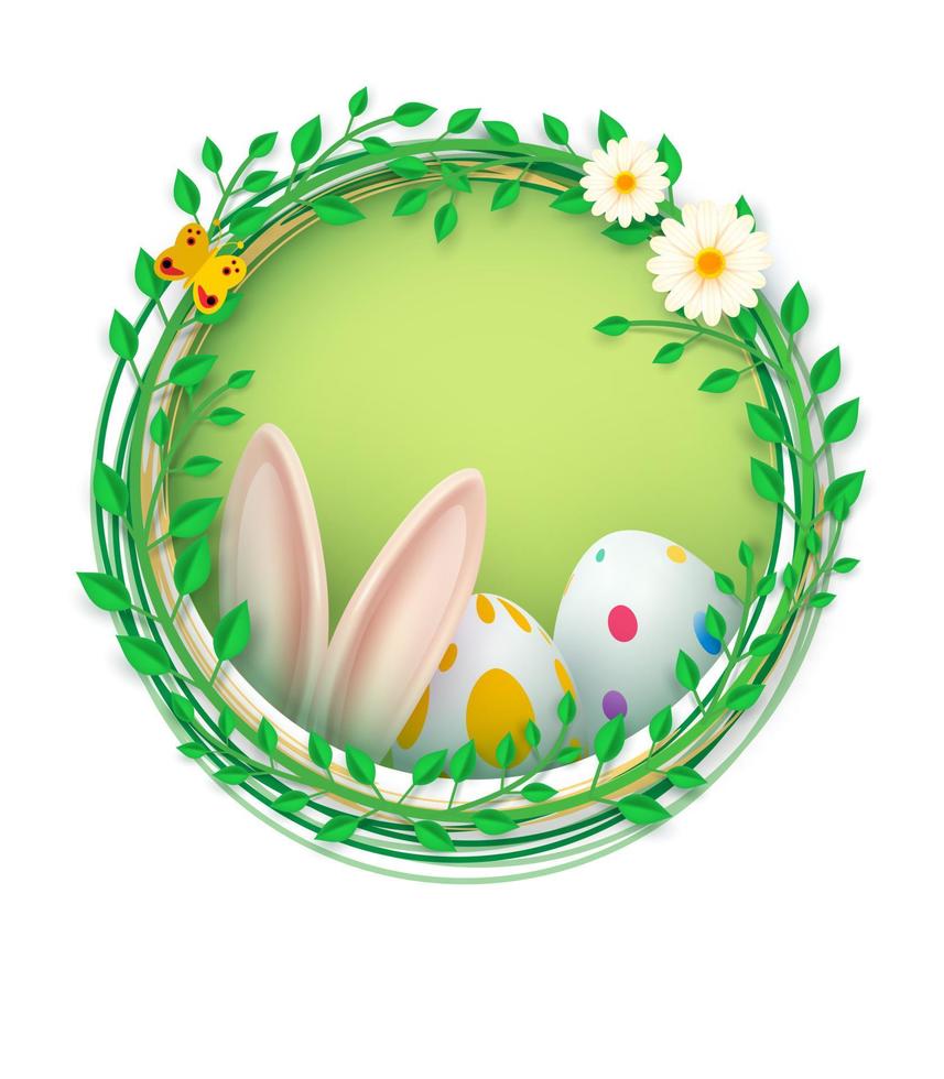 feliz pancarta de pascua. composición primaveral en un marco redondo, orejas de conejo, huevos de pascua, hojas y flores. lugar para su texto. ilustración vectorial vector