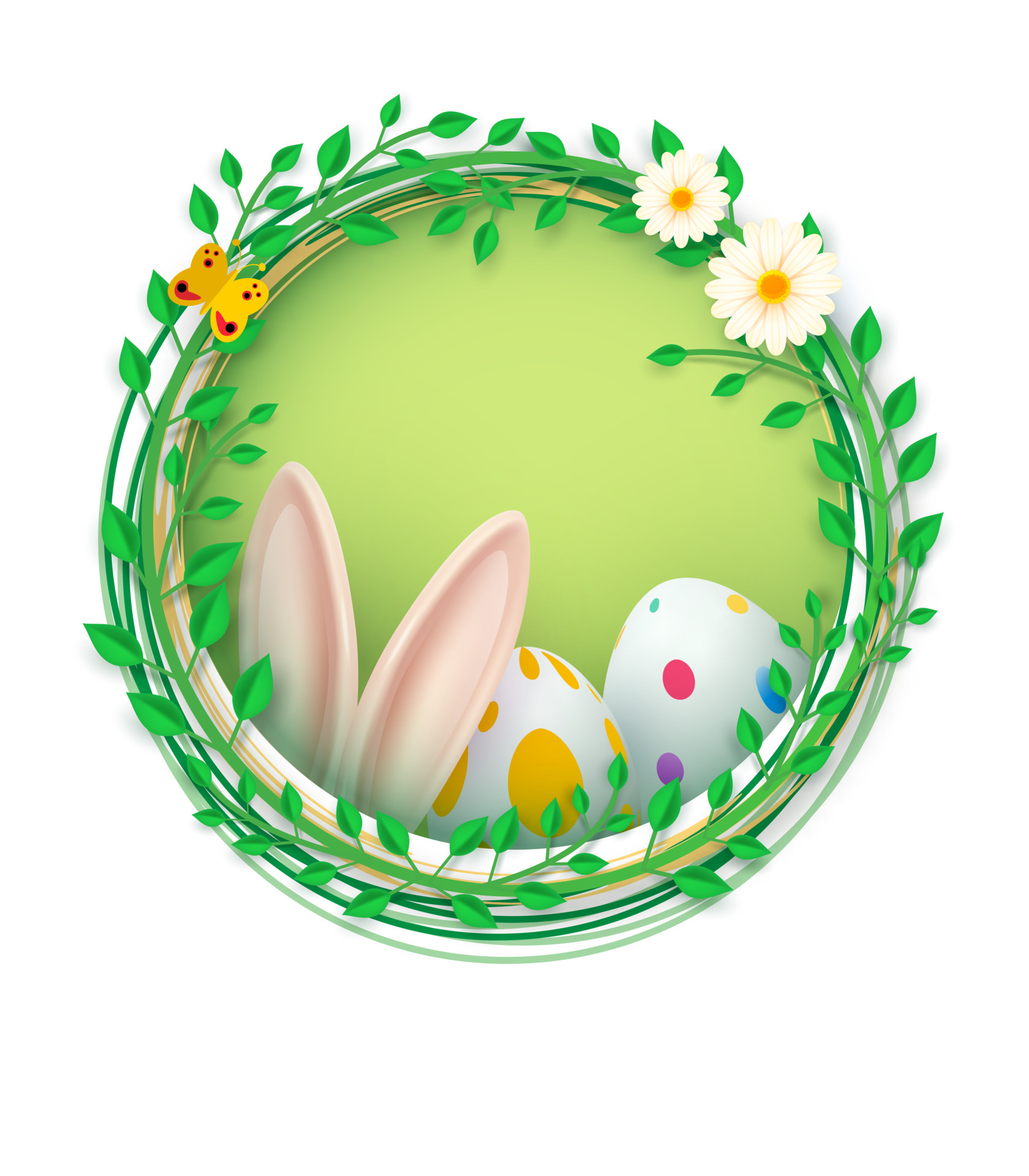 Happy Easter banner. Spring composition in a round frame, rabbit ears