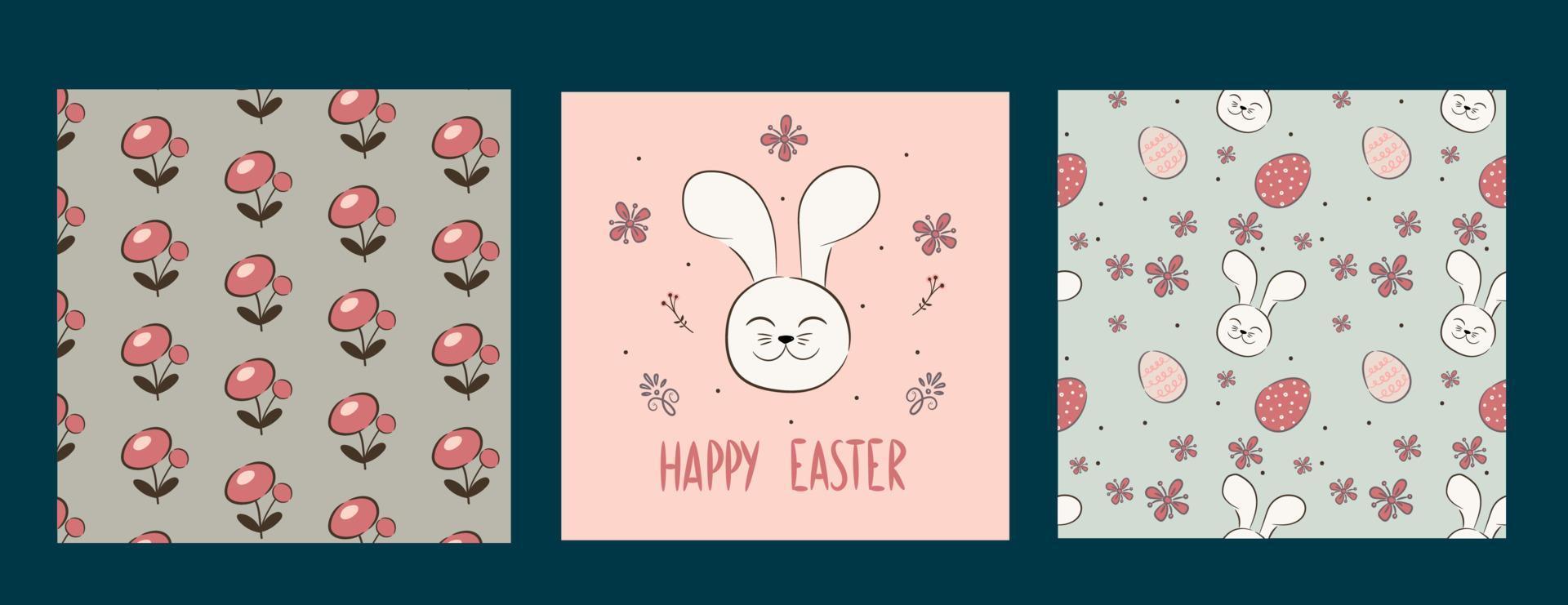 Happy Easter banner. Trendy Easter design with typography, hand drawn strokes and eggs, bunny ears, chick in pastel colors. Patterns with flowers and a hare. Vector illustration