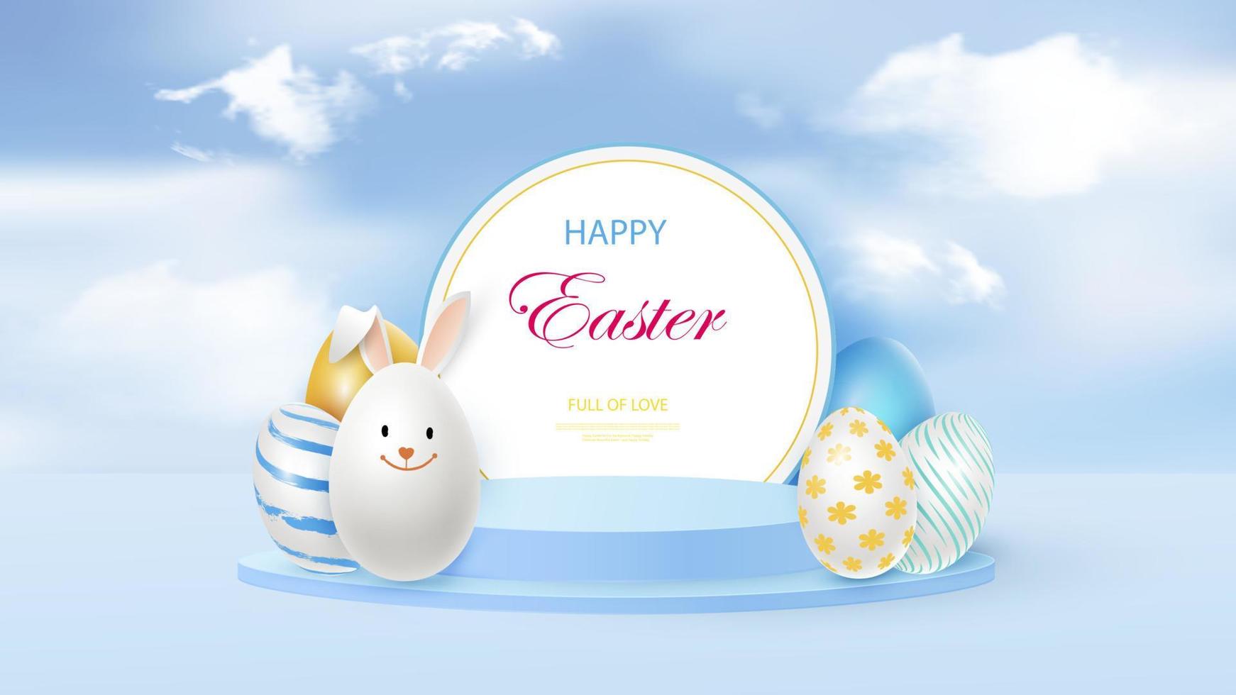 3D render of a podium box with Easter eggs and an Easter bunny in the shape of an egg. Vector illustration