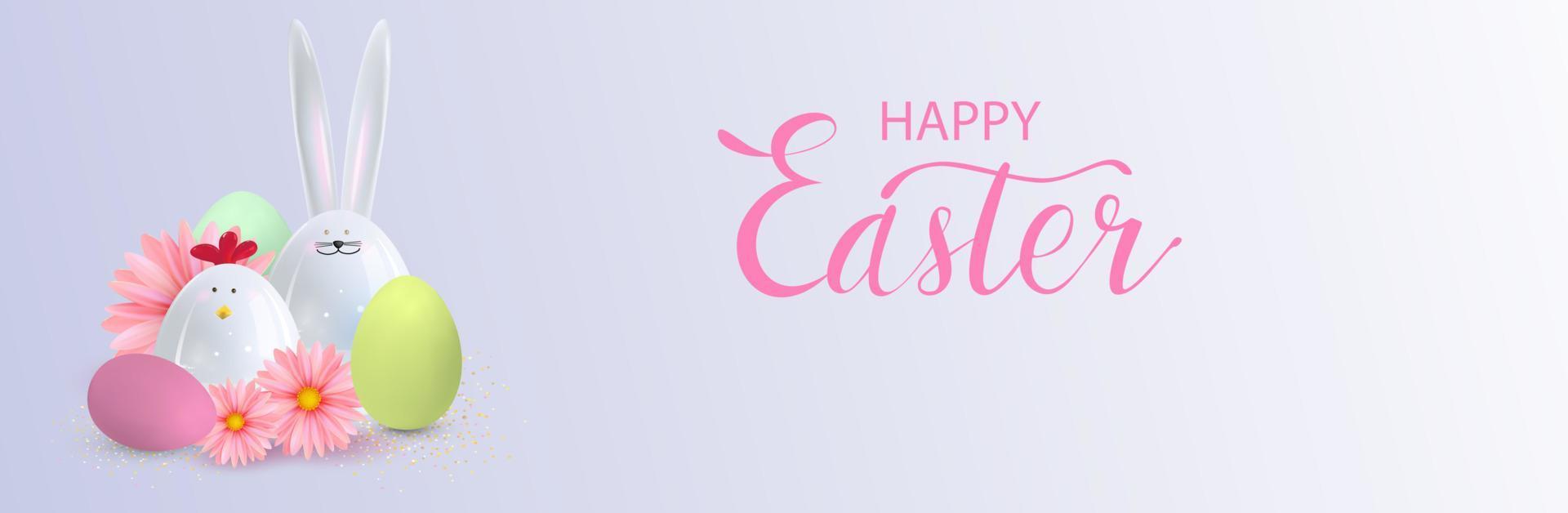 Happy Easter holiday background. Festive design with realistic 3d bunny and chicken decor elements. Spring flowers and eggs. Banner, web poster, flyer cover, stylish brochure, greeting card.Vector vector