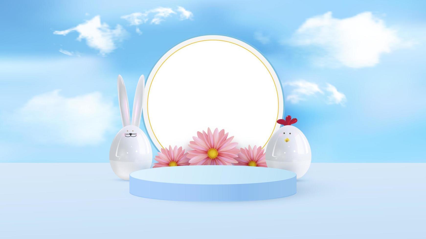 Happy easter. Design Rabbit with eggs. Festive spring 3d composition. Realistic stage, catwalk, festive studio. Minimal background. Modern creative template.Vector vector