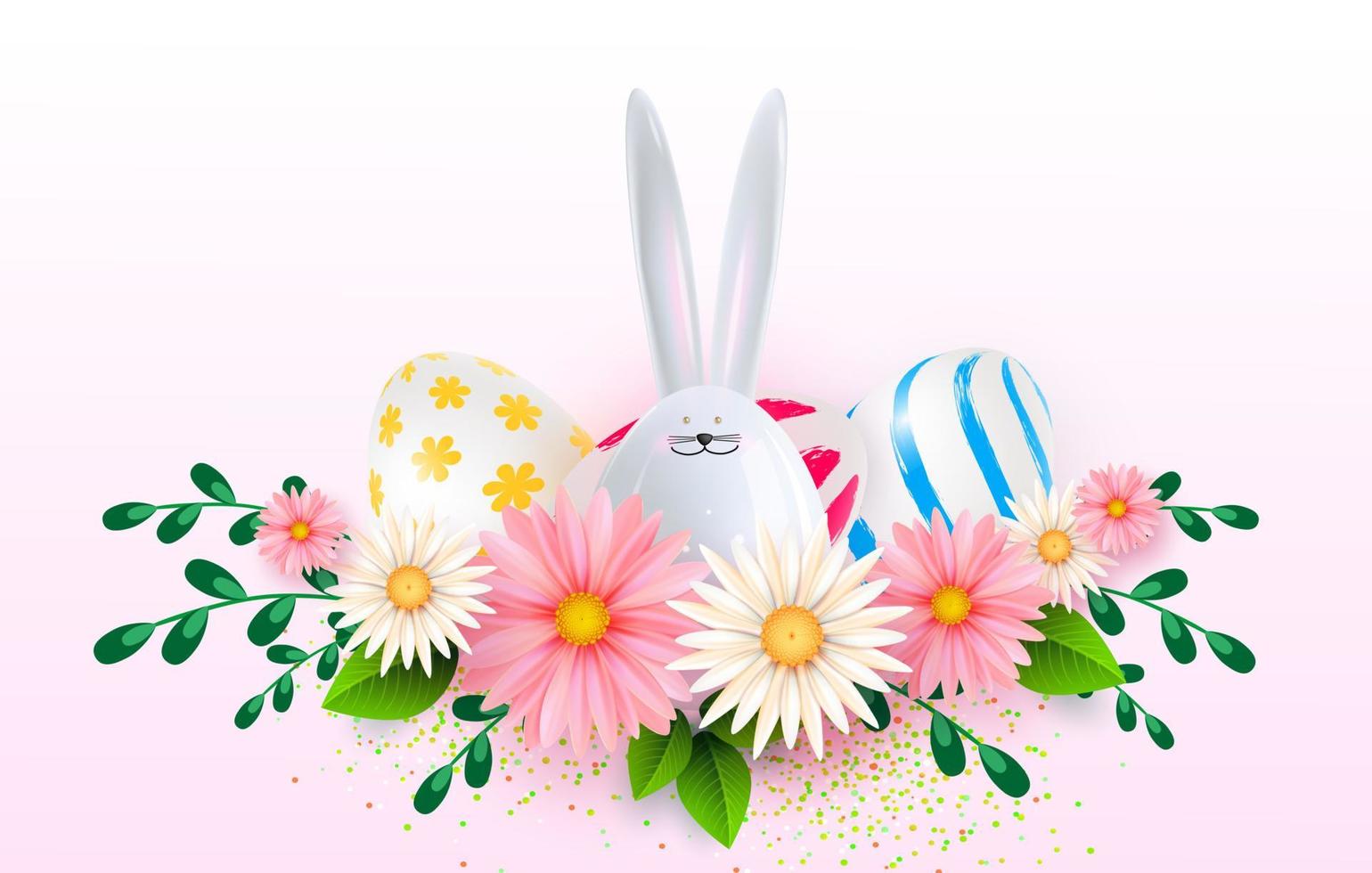 Happy Easter background template with beautiful camomiles and eggs. Vector illustration