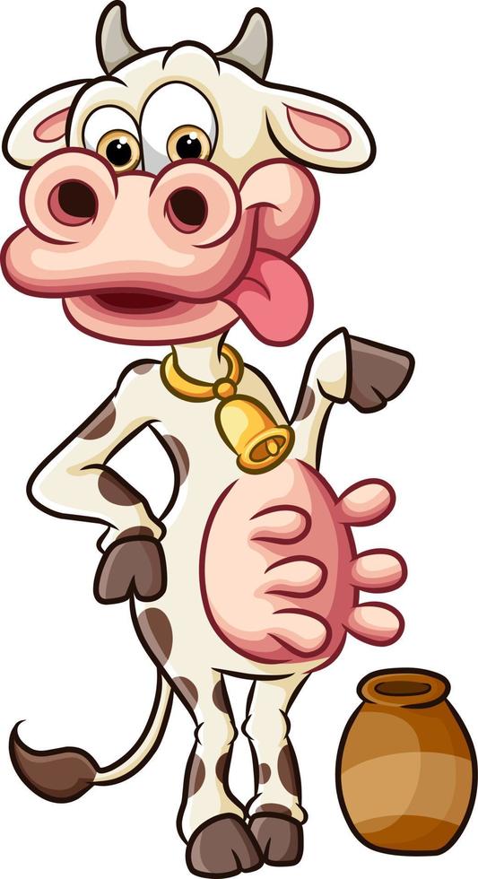 The cute cow is standing next to the small jar vector