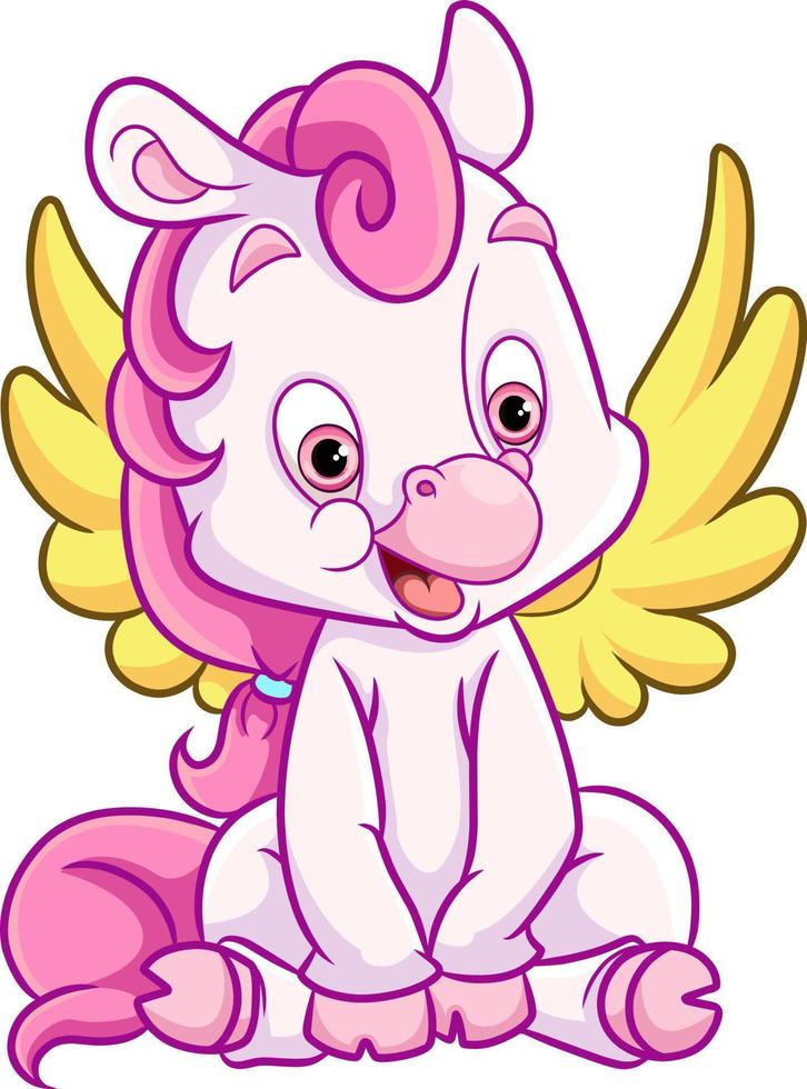 The cute unicorn with the golden wing is sitting vector