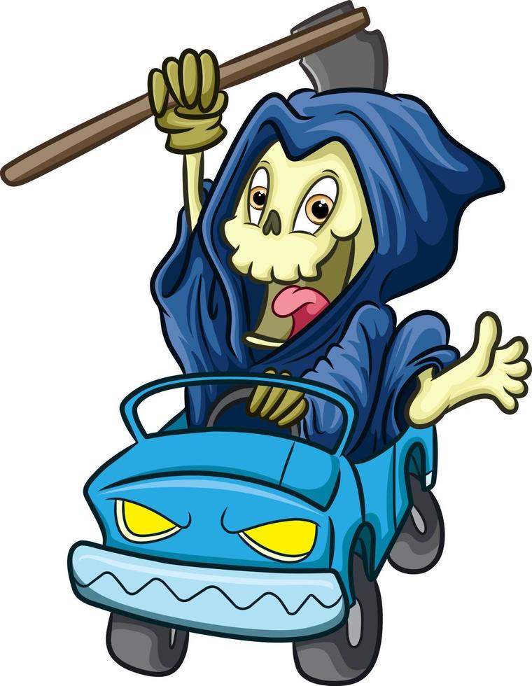 The funny grim reaper is driving a car very fast vector