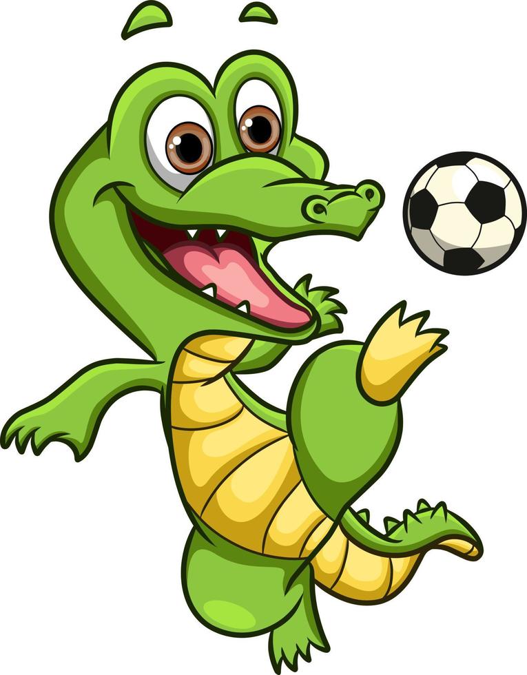 el cocodrilo feliz está jugando al fútbol y patea la pelota vector